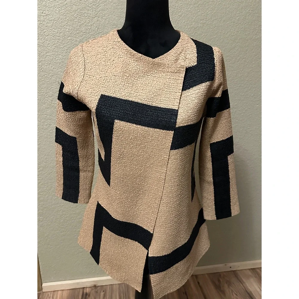 Berek Women Tan‎ Black Geometric Textured Open Front Cardigan Jacket PXS
